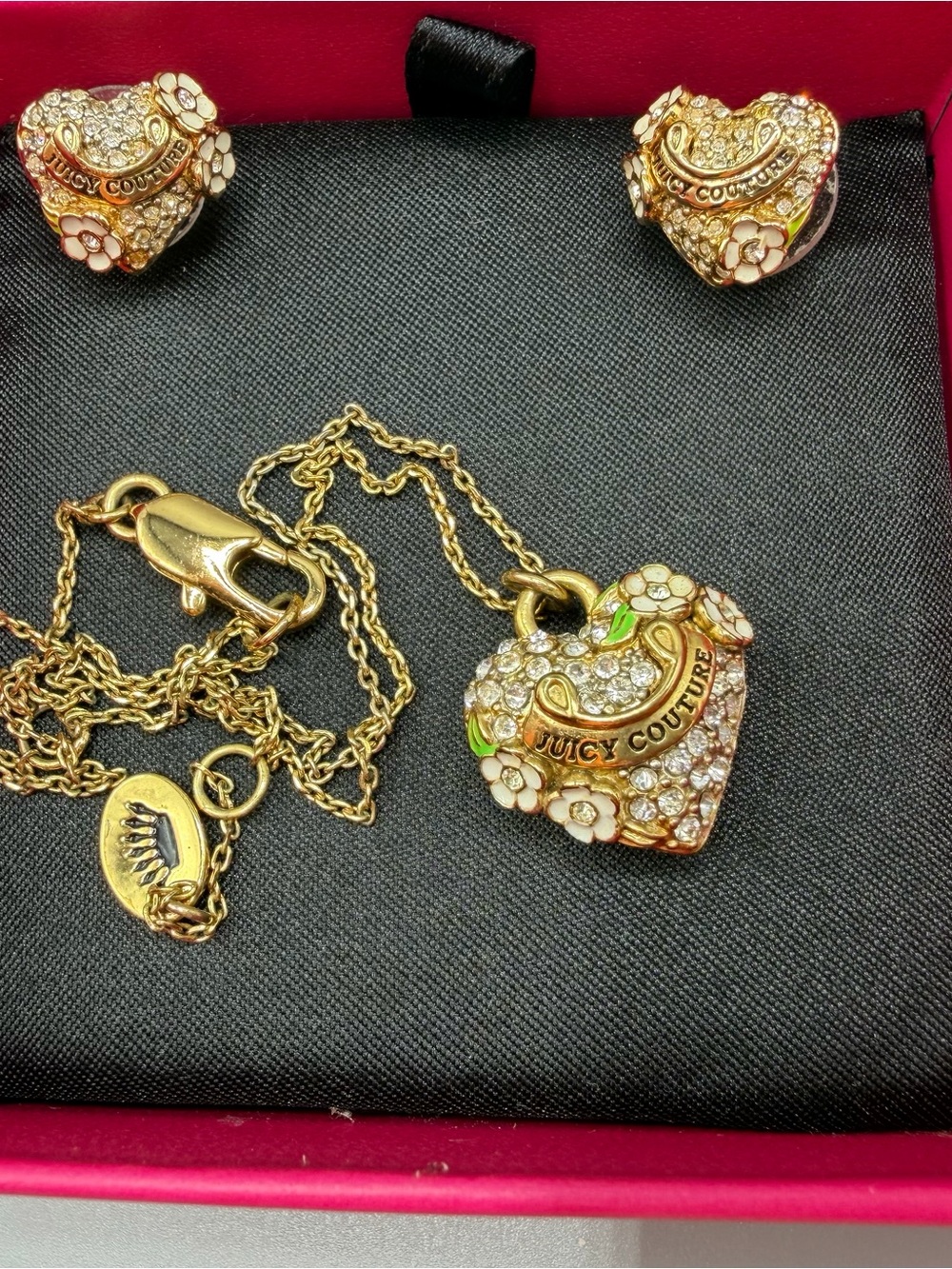 Juicy Couture gold pave heart w enamel flowers necklace and earrings